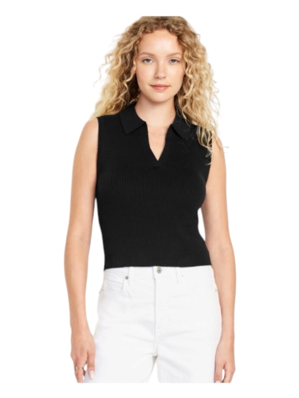 NWT Old Navy Black Ribbed Sleeveless Polo Crop Tank Sweater Top Sz M - Picture 2 of 9